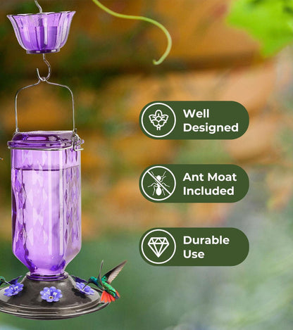 Elegant Hanging Hummingbird Feeder - Decorative Glass Nectar Bottle with Ant Moat, 6 Feeding Ports(Green) V888-ELOSUNG25957