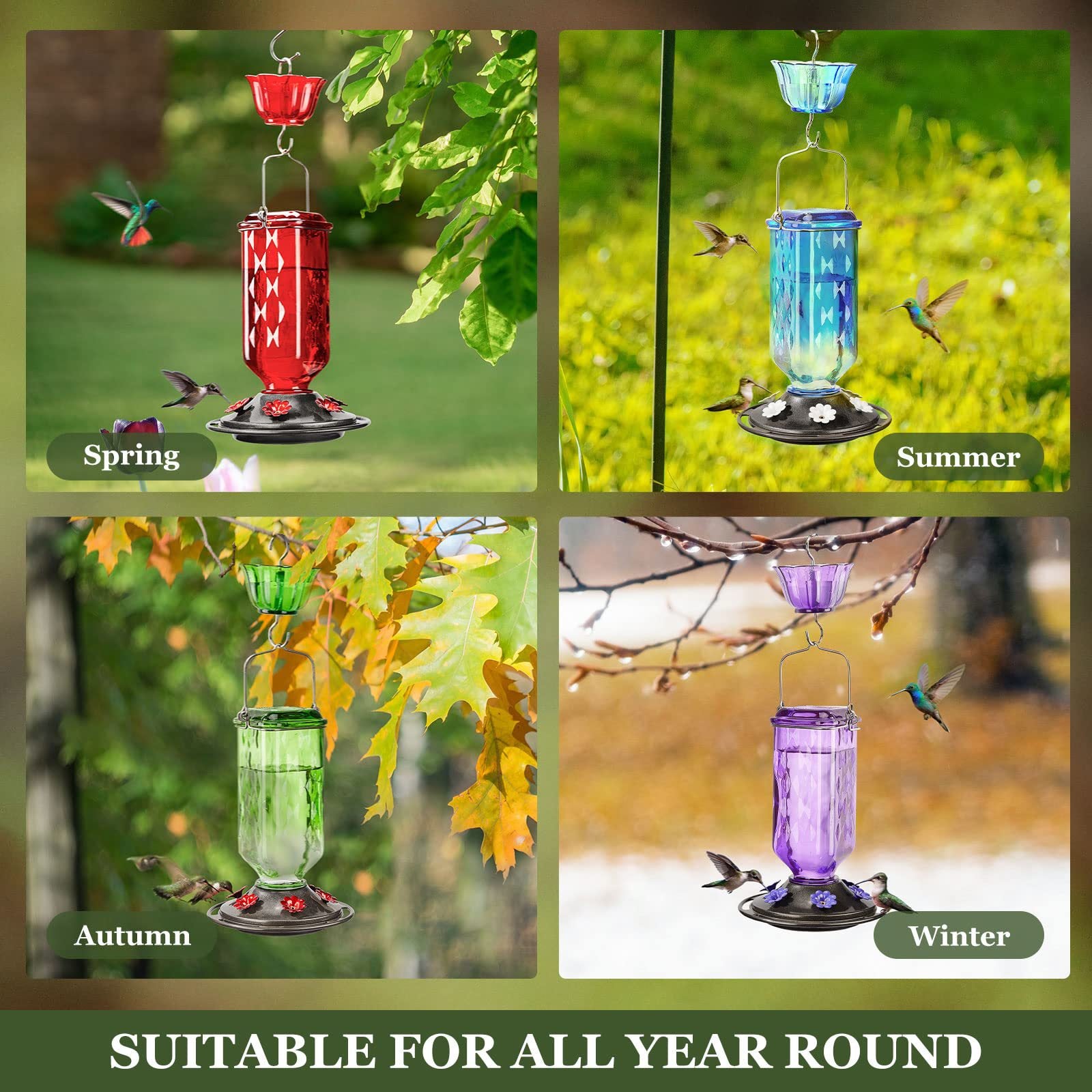 Elegant Hanging Hummingbird Feeder - Decorative Glass Nectar Bottle with Ant Moat, 6 Feeding Ports(Green) V888-ELOSUNG25957