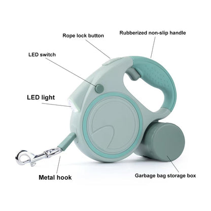 Green 3M Retractable Dog Leash - Built-in LED Light (No Batteries) and Bag Holder V888-ELOSUNG26015