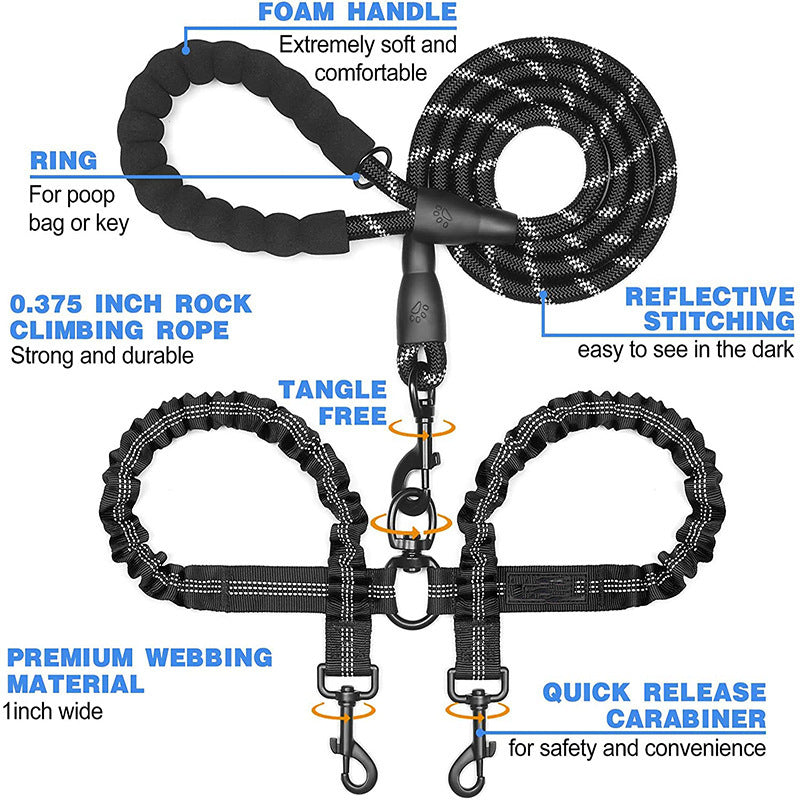 Black Pet Double-Ended Rope + 1.5M Leash - Easy to walk two dogs, tangle-free design V888-ELOSUNG26034