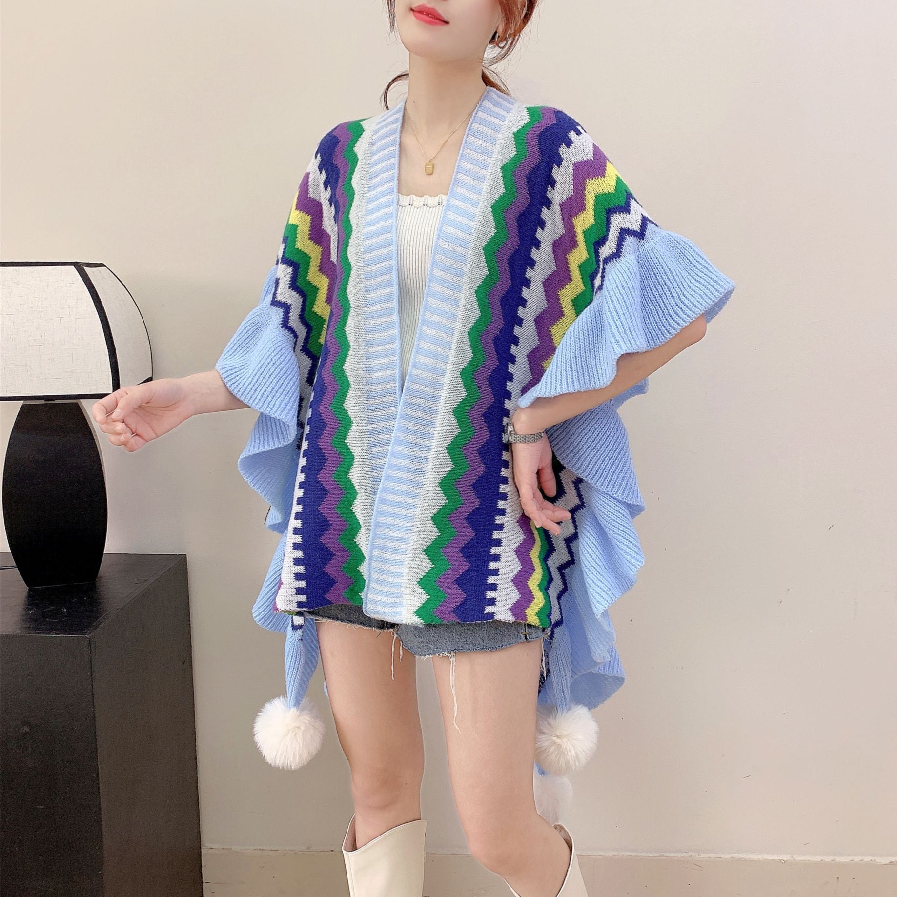 Light blue Women's printed knitted cardigan cape with ruffled sleeves (Style 2) V888-ELOSUNG26108