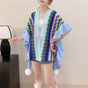 Light blue Women's printed knitted cardigan cape with ruffled sleeves (Style 2) V888-ELOSUNG26108