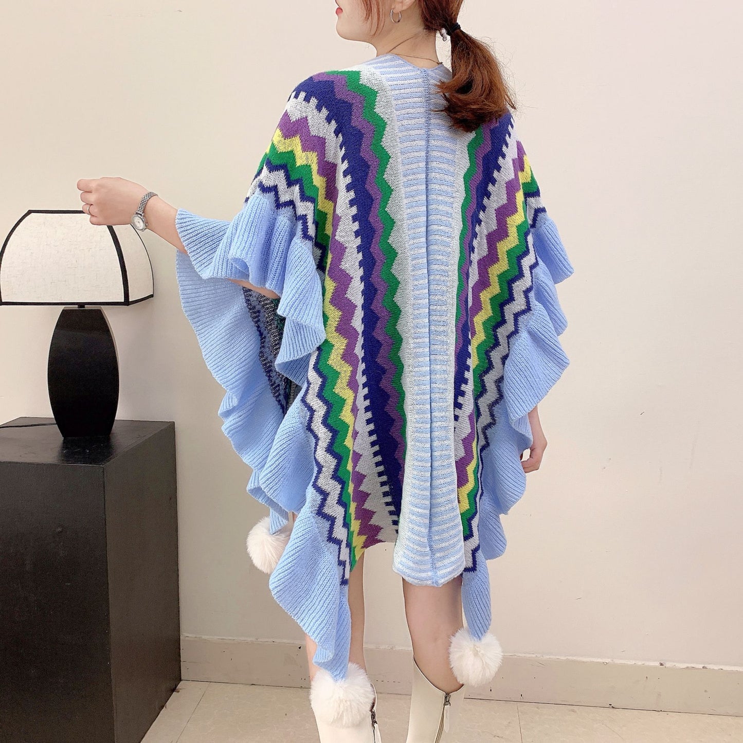 Light blue Women's printed knitted cardigan cape with ruffled sleeves (Style 2) V888-ELOSUNG26108