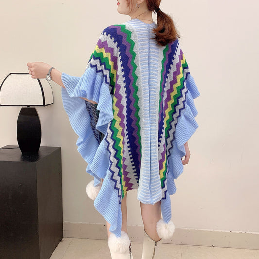 Light blue Women's printed knitted cardigan cape with ruffled sleeves (Style 2) V888-ELOSUNG26108