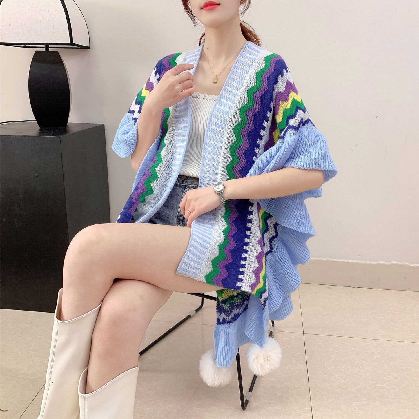 Light blue Women's printed knitted cardigan cape with ruffled sleeves (Style 2) V888-ELOSUNG26108