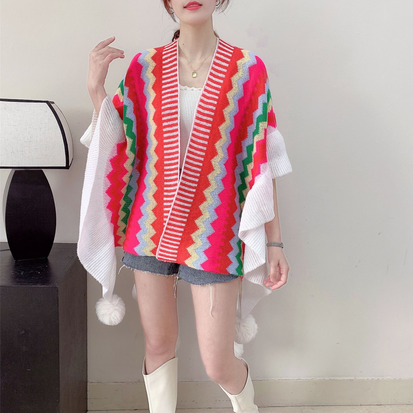 Red Women's printed knitted cardigan cape with ruffled sleeves (Style 1) V888-ELOSUNG26109