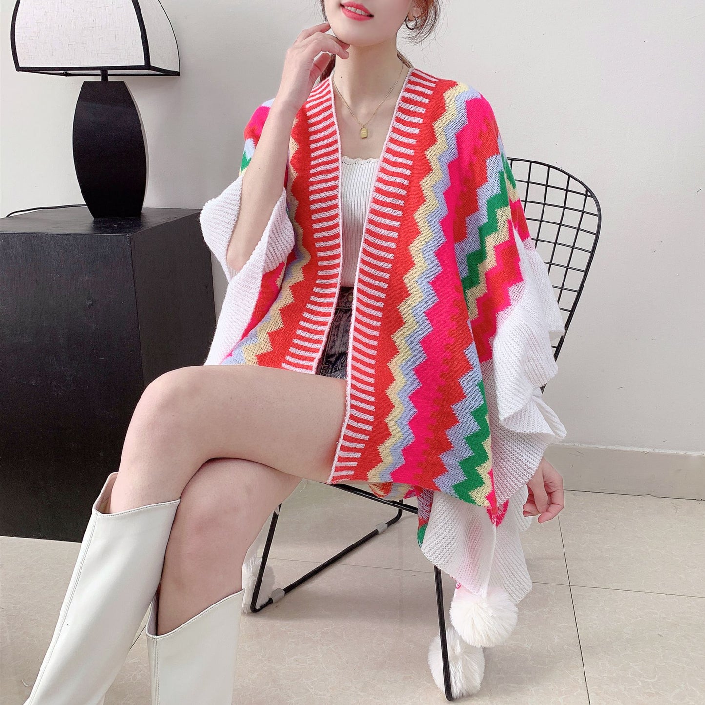 Red Women's printed knitted cardigan cape with ruffled sleeves (Style 1) V888-ELOSUNG26109