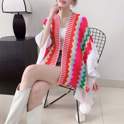 Red Women's printed knitted cardigan cape with ruffled sleeves (Style 1) V888-ELOSUNG26109