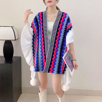 Blue Black Women's printed knitted cardigan cape with ruffled sleeves (Style 6) V888-ELOSUNG26110