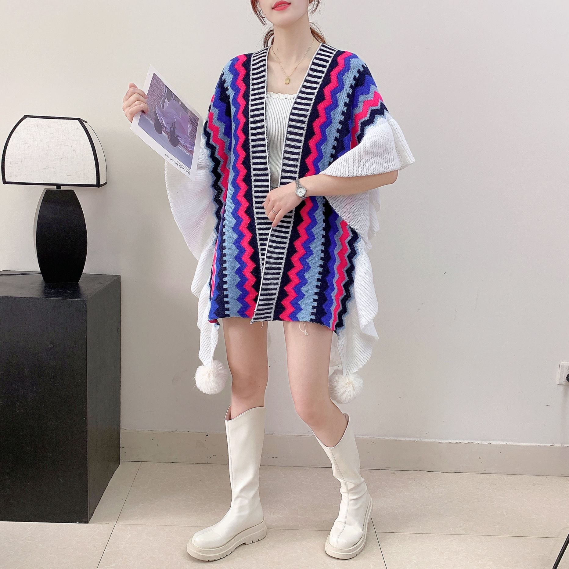 Blue Black Women's printed knitted cardigan cape with ruffled sleeves (Style 6) V888-ELOSUNG26110