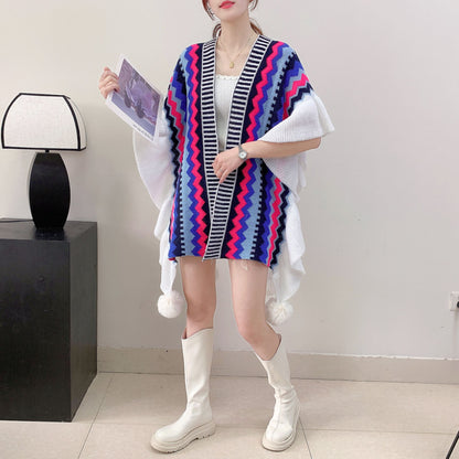 Blue Black Women's printed knitted cardigan cape with ruffled sleeves (Style 6) V888-ELOSUNG26110