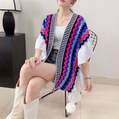 Blue Black Women's printed knitted cardigan cape with ruffled sleeves (Style 6) V888-ELOSUNG26110