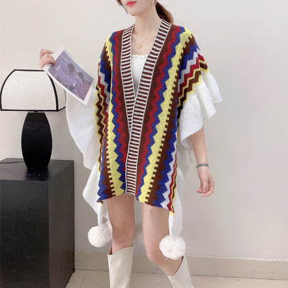 Brown Women's printed knitted cardigan cape with ruffled sleeves (Style 4) V888-ELOSUNG26111