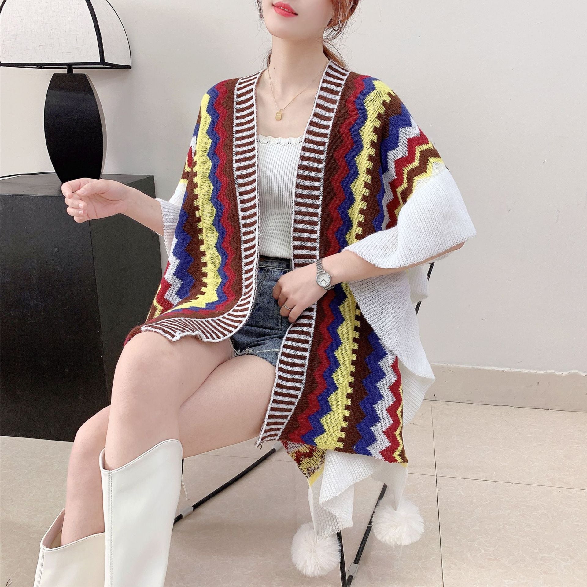 Brown Women's printed knitted cardigan cape with ruffled sleeves (Style 4) V888-ELOSUNG26111