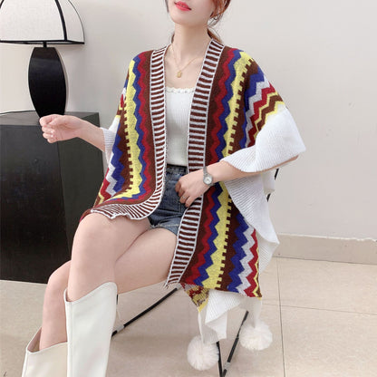 Brown Women's printed knitted cardigan cape with ruffled sleeves (Style 4) V888-ELOSUNG26111