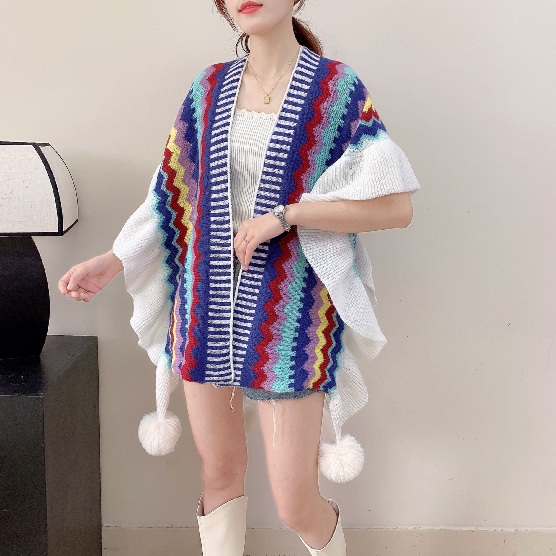 Dark Blue Women's printed knitted cardigan cape with ruffled sleeves (Style 3) V888-ELOSUNG26112