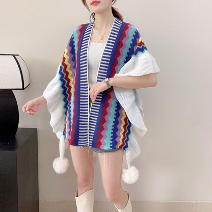 Dark Blue Women's printed knitted cardigan cape with ruffled sleeves (Style 3) V888-ELOSUNG26112