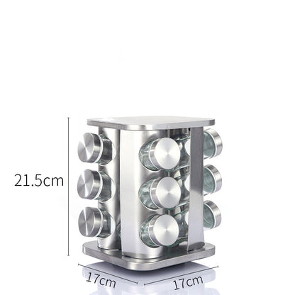 Modern stainless steel rounded corner rotating spice rack with 12 empty glass jars (88 ml each) V888-ELOSUNG26114