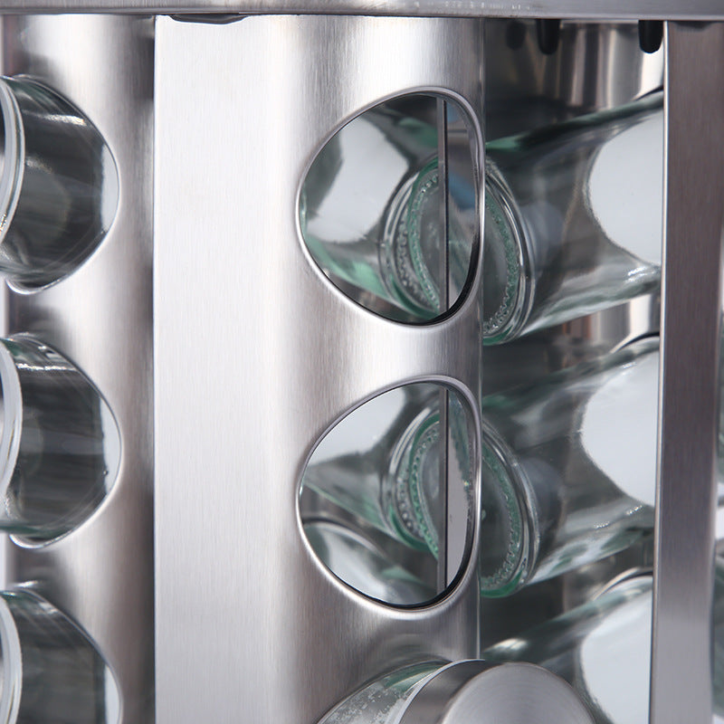 Modern stainless steel rounded corner rotating spice rack with 12 empty glass jars (88 ml each) V888-ELOSUNG26114