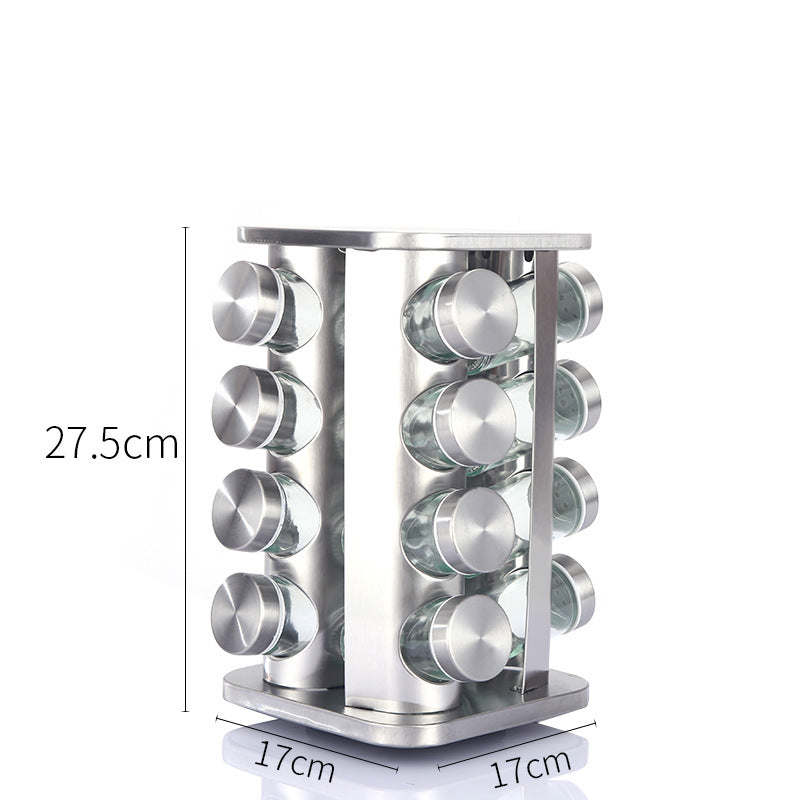 Modern stainless steel rounded corner rotating spice rack with 16 empty glass jars (88 ml each) V888-ELOSUNG26116