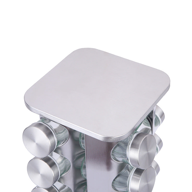 Modern stainless steel rounded corner rotating spice rack with 16 empty glass jars (88 ml each) V888-ELOSUNG26116