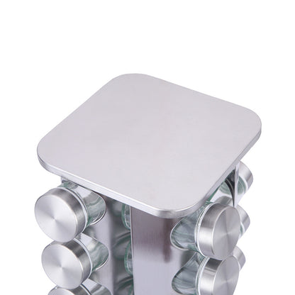 Modern stainless steel rounded corner rotating spice rack with 16 empty glass jars (88 ml each) V888-ELOSUNG26116
