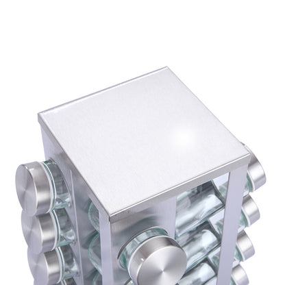 Modern stainless steel square spice revolving rack with 16 (88 ml each) empty glass jars V888-ELOSUNG26117