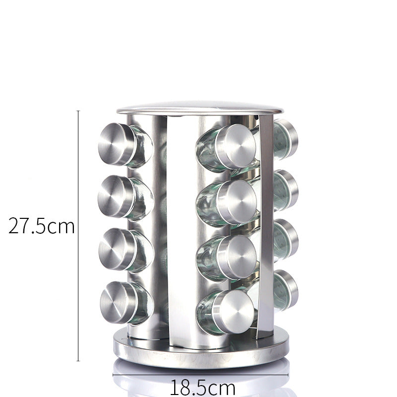 Modern stainless steel round-top rotating spice rack with 16 empty glass jars (88 ml each) V888-ELOSUNG26118
