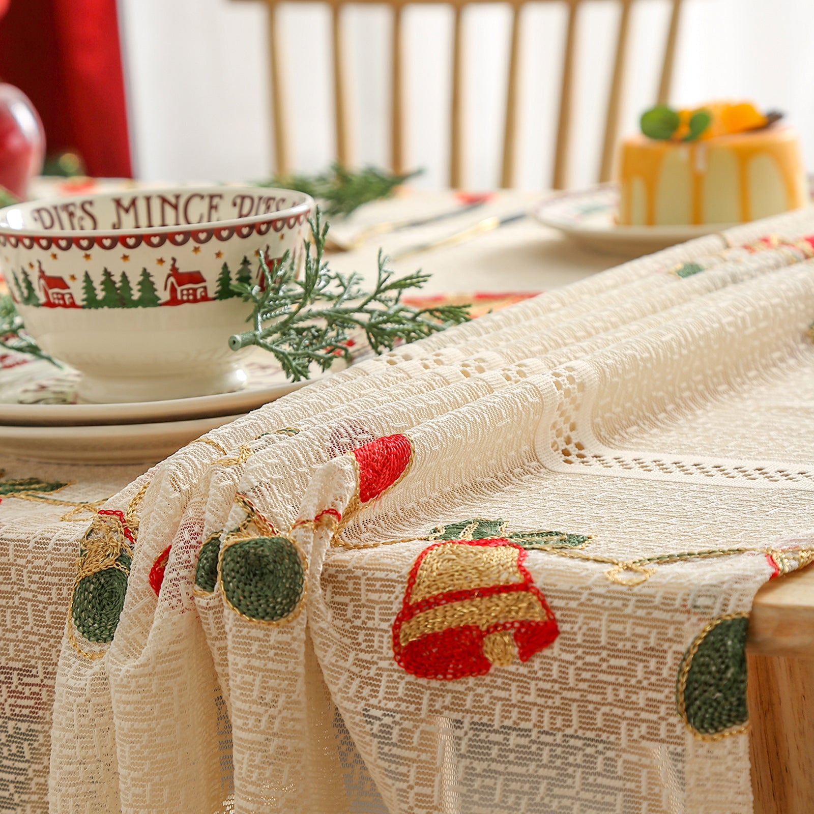 Embroidered Christmas Tablecloth - Embroidered Bells & Holly Design (140*240cm) V888-ELOSUNG26138