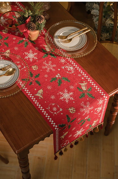 Red Christmas Table Runner with Tassels - Festive Snowflake & Bell Print (35*200cm) V888-ELOSUNG26142