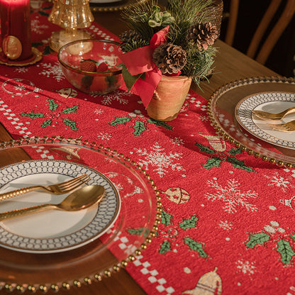 Red Christmas Table Runner with Tassels - Festive Snowflake & Bell Print (35*220cm) V888-ELOSUNG26143