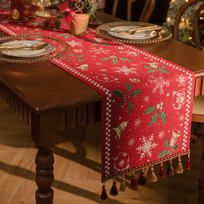 Red Christmas Table Runner with Tassels - Festive Snowflake & Bell Print (35*240cm) V888-ELOSUNG26144
