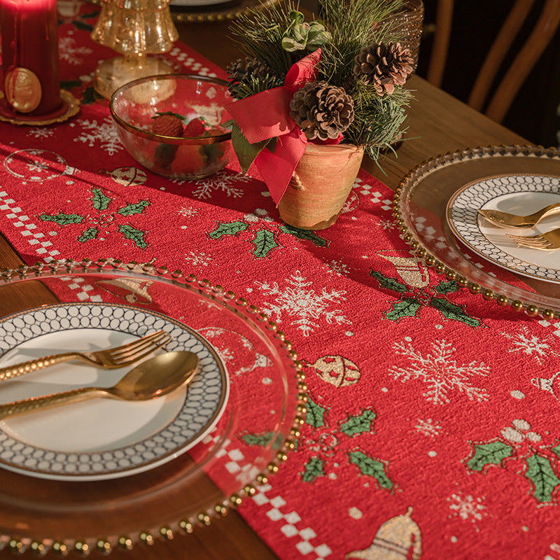 Red Christmas Table Runner with Tassels - Festive Snowflake & Bell Print (35*180cm) V888-ELOSUNG26145