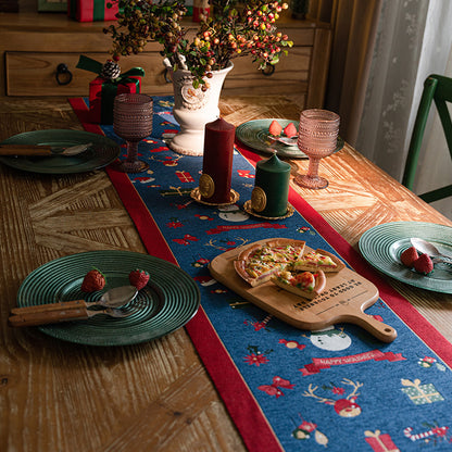 Blue Christmas Festive Table Runner - Blue with Snowman, Reindeer and Happy Holidays (35*220cm) V888-ELOSUNG26146