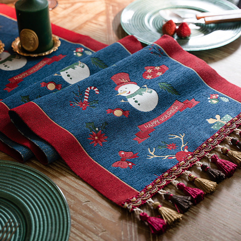 Blue Christmas Festive Table Runner - Blue with Snowman, Reindeer and Happy Holidays (35*220cm) V888-ELOSUNG26146