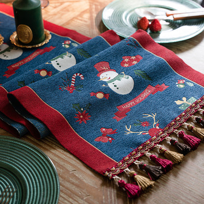 Blue Christmas Festive Table Runner - Blue with Snowman, Reindeer and Happy Holidays (35*180cm) V888-ELOSUNG26148