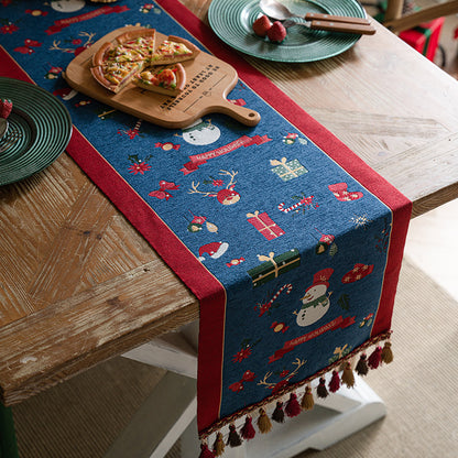 Blue Christmas Festive Table Runner - Blue with Snowman, Reindeer and Happy Holidays (35*200cm) V888-ELOSUNG26149