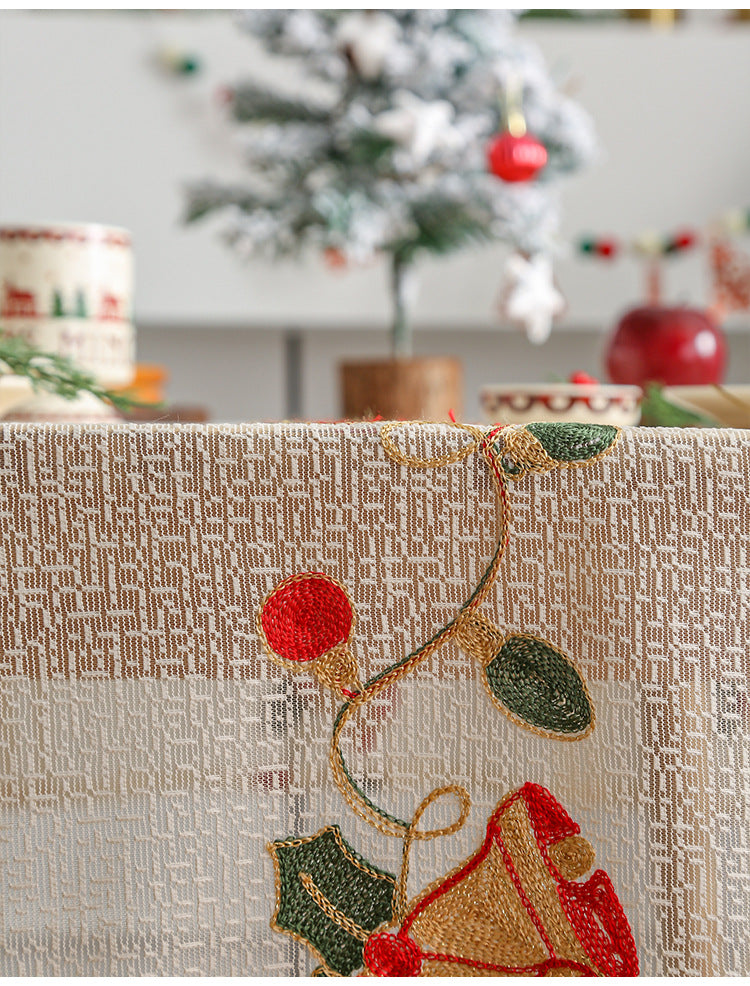 Embroidered Christmas Tablecloth - Embroidered Bells & Holly Design (140*140cm) V888-ELOSUNG26152