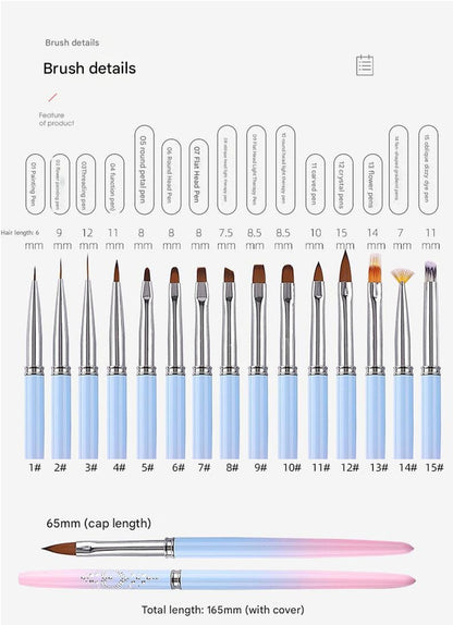 Professional Nail Art Brush Kit (15pcs) - Gradient Handles Manicure Tools V888-ELOSUNG26165