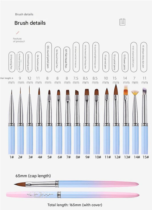 Professional Nail Art Brush Kit (15pcs) - Gradient Handles Manicure Tools V888-ELOSUNG26165