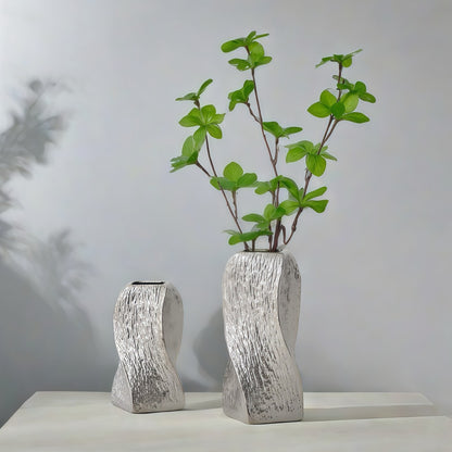 Silver Abstract Twisted Ceramic Vase - Artistic Minimalist Flower Holder for Home Decor (20x10x10cm) V888-ELOSUNG26190