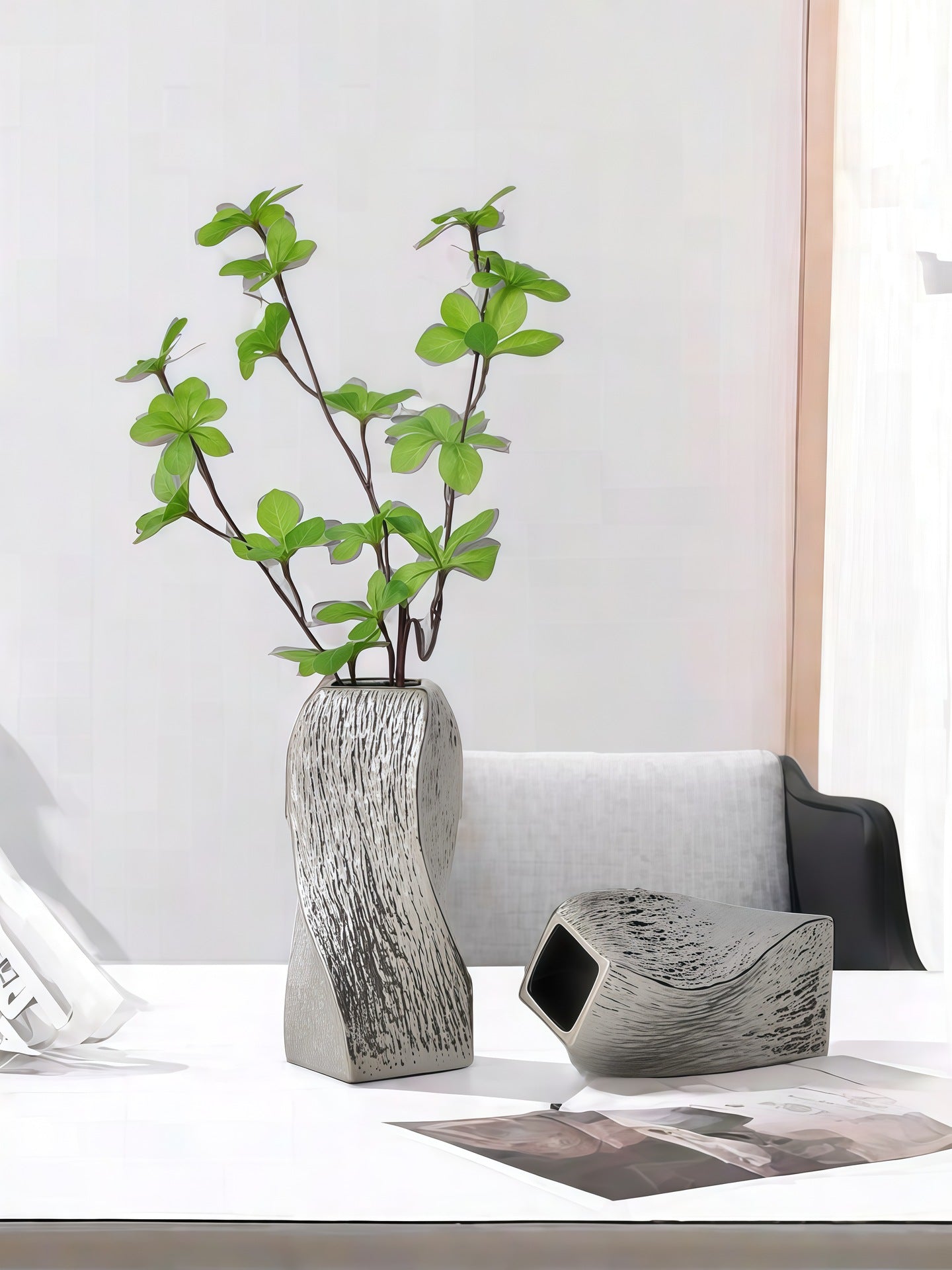 Silver Abstract Twisted Ceramic Vase - Artistic Minimalist Flower Holder for Home Decor (20x10x10cm) V888-ELOSUNG26190