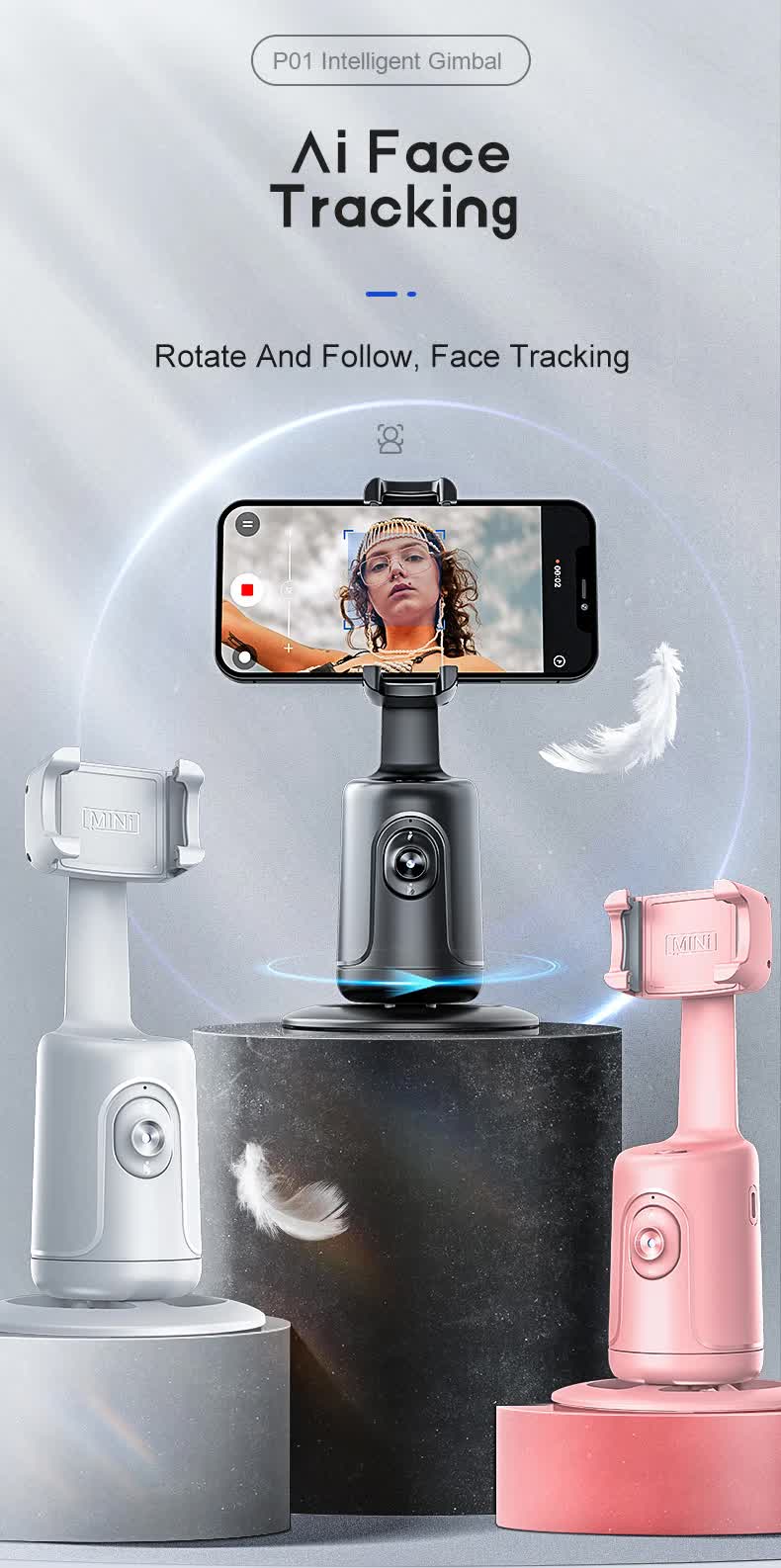 Pink AI Smart Auto Tracking Phone Holder - 360 degrees Rotation Face & Body Tracking Mount V888-ELOSUNG26196