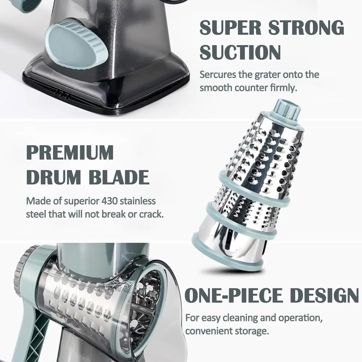 White Rotary Cheese Grater & Vegetable Slicer - Manual Shredder with 3 Interchangeable Drums V888-ELOSUNG26207