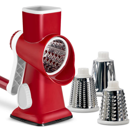 Red Rotary Cheese Grater & Vegetable Slicer - Manual Shredder with 3 Interchangeable Drums V888-ELOSUNG26208