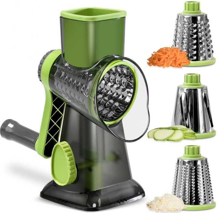Green Rotary Cheese Grater & Vegetable Slicer - Manual Shredder with 3 Interchangeable Drums V888-ELOSUNG26209