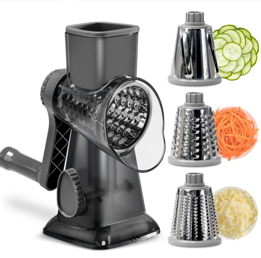 Grey Rotary Cheese Grater & Vegetable Slicer - Manual Shredder with 3 Interchangeable Drums V888-ELOSUNG26211