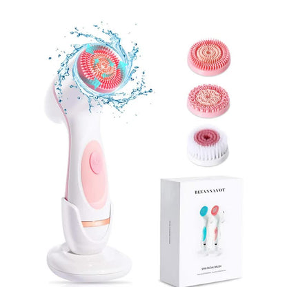 Pink Waterproof Facial Cleansing Spin Brush Set - Rechargeable with 3 Heads & Charging Stand V888-ELOSUNG26212