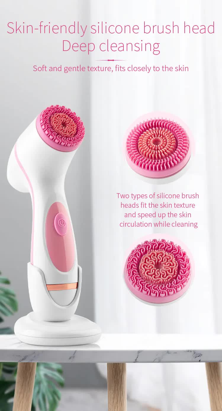 Blue Waterproof Facial Cleansing Spin Brush Set - Rechargeable with 3 Heads & Charging Stand V888-ELOSUNG26213