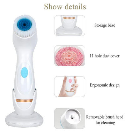 Blue Waterproof Facial Cleansing Spin Brush Set - Rechargeable with 3 Heads & Charging Stand V888-ELOSUNG26213